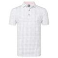 The FootJoy The 19th Hole Lisle Mens Polo is a white short-sleeve golf shirt featuring a collar, button placket, light golf-themed icon print, moisture-wicking fabric, and an FJ logo on the collar tag.