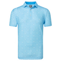 The FootJoy The 19th Hole Lisle Mens Polo features a light blue color, collar, button placket, and a subtle pattern of golf-themed icons—combining style and comfort for on or off the course wear.