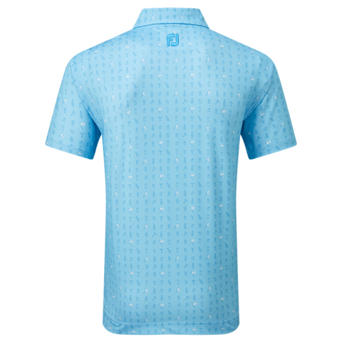 The FootJoy The 19th Hole Lisle Mens Polo in light blue is shown from the back, displaying a subtle white golf-themed pattern and small FJ logo below the collar—ideal for comfort and style with moisture-wicking fabric.