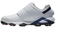 The FootJoy Tour Alpha Triple Boa Men's Golf Shoes (US 8.5 only) feature a modern white design, thick textured sole, blue and black heel accents, and a BOA Fit System strap for easy adjustment and enhanced support.