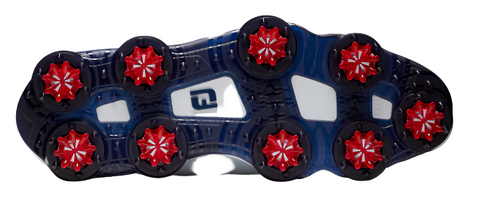 The image displays the sole of the FootJoy Tour Alpha Triple Boa Men's Golf Shoes (US 8.5 only), featuring eight red and white cleats on a translucent blue base with a stability chassis for superior grip and traction.