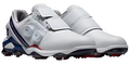 The FootJoy Tour Alpha Triple Boa Men's Golf Shoes (US 8.5 only) feature BOA Fit System dials, a stability chassis, Velcro straps, and patterned rubber soles with red, black, and blue accents.