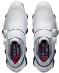 A top view of FootJoy Tour Alpha Triple Boa Men’s Golf Shoes (US 8.5 only) shows white uppers, Ortholite Impressions insoles, a stability chassis, Velcro straps, BOA Fit System dials, black soles, and red/blue accents for style.
