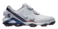 The FootJoy Tour Alpha Triple Boa Men's Golf Shoes (US 8.5 only) are white with navy and red accents, feature the BOA Fit System, a stability chassis, spiked sole, and display the FootJoy logo near the heel in a side profile view.