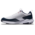 The FootJoy Tour Rival Mens Golf Shoes are shown in side profile on a white background, featuring a white design with dark blue accents, black outsole spikes, and white laces for a premium look.