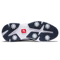 The image displays the bottom of FootJoy Tour Rival Mens Golf Shoes by FootJoy, featuring six removable cleats, a navy tread pattern, and a central red and white logo—ideal for men’s golf.
