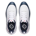 A pair of FootJoy Tour Rival Mens Golf Shoes in white with navy blue accents and red details near the tongue, featuring white laces and patterned navy insoles—perfect for golfers seeking performance and style.