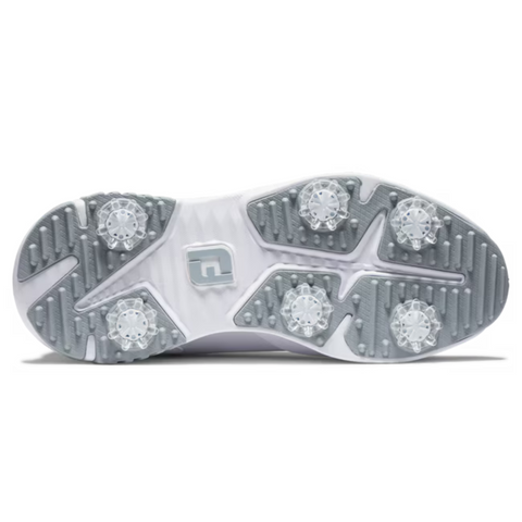 The image displays the sole of the FootJoy Tour Rival Womens Golf Shoes by FootJoy, featuring six removable spikes and textured gray and white rubber for excellent grip and traction on the golf course.