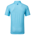 Light blue FootJoy Tweed Texture Mens Polo, shown from the back, with subtle dotted pattern, four-way stretch comfort, and a small blue FJ logo below the collar.