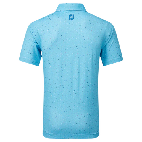 Light blue FootJoy Tweed Texture Mens Polo, shown from the back, with subtle dotted pattern, four-way stretch comfort, and a small blue FJ logo below the collar.