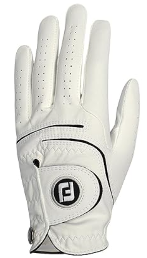 The FootJoy Weathersof Men's Golf Glove in white features black accents, finger ventilation holes, and an "FJ" logo on the adjustable strap