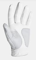 The FootJoy Weathersof Men's Golf Glove in white features light gray patches on the palm and thumb, shown with the palm facing forward.