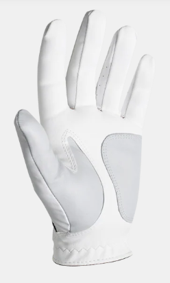 The FootJoy Weathersof Men's Golf Glove in white features light gray patches on the palm and thumb, shown with the palm facing forward.