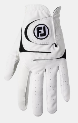 The FootJoy Weathersof Men's Golf Glove in white features black accents and the FJ logo on the back, designed for the left hand and suitable for all weather, shown against a plain background.