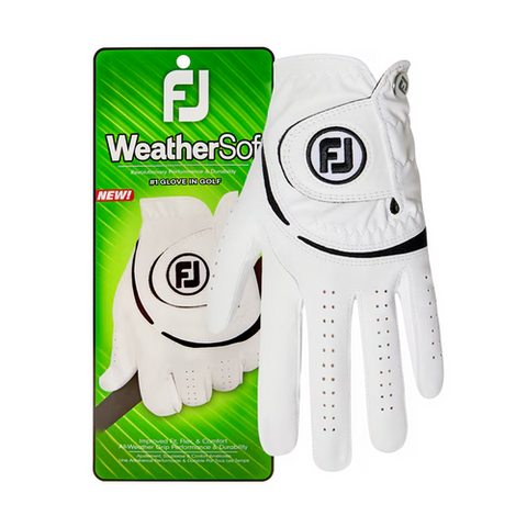 The FootJoy Weathersof Men's Golf Glove in white, shown beside its branded packaging, offers reliable all-weather grip for consistent performance on the course.