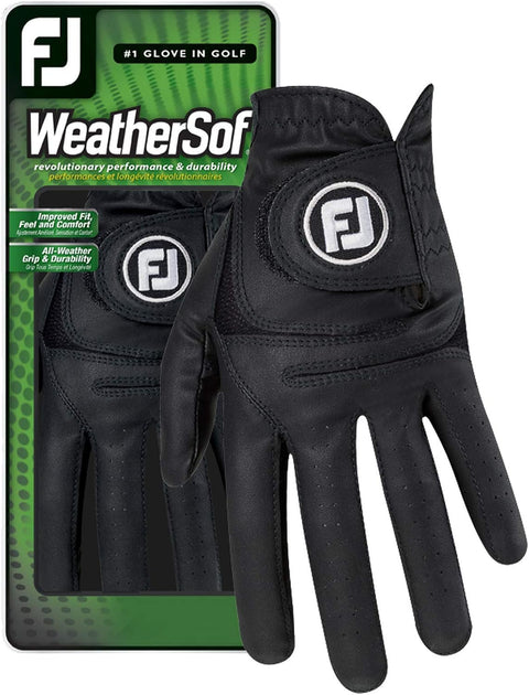 The FootJoy Weathersof Womens Golf Glove in black features a circular FJ logo on the wrist and packaging that highlights its improved fit, reliable grip, comfort, and durable all-weather golf performance.