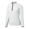 The FootJoy Women's Quarter-Zip Long Sleeve Sun Protection Shirt in white offers UPF 50+ coverage with black trim and a black quarter-zip, combining athletic style and sun protection.
