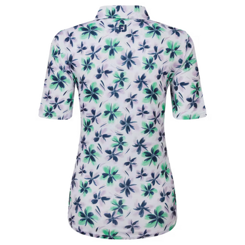 Back view of the FootJoy Womens 1/4 Zip Short Sleeve Floral Shirt in lisle fabric, featuring a purple, blue, and green floral pattern on white with a small logo below the collar. Brand: FootJoy.