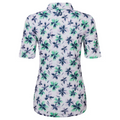 A stylish FootJoy Women's 1/4 Zip Short Sleeve Floral Shirt, shown from the back in shades of green, blue, and purple on white with a small logo below the collar—perfect for golf.