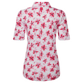 Back view of the FootJoy Women's 1/4 Zip Short Sleeve Floral Shirt, featuring a collared neck and all-over pink and red floral print on a white base; this fitted, moisture-wicking golf shirt combines style and comfort on the course.