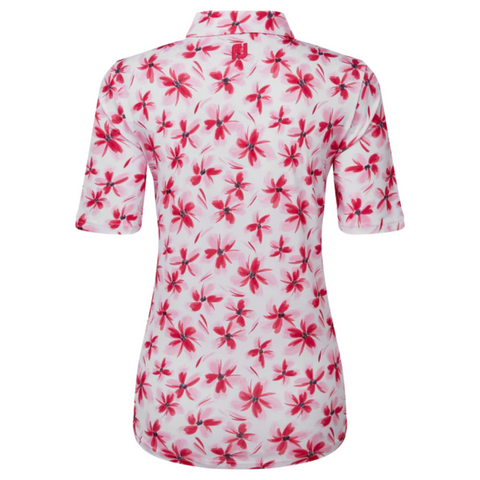 Back view of the FootJoy Women's 1/4 Zip Short Sleeve Floral Shirt, featuring a collared neck and all-over pink and red floral print on a white base; this fitted, moisture-wicking golf shirt combines style and comfort on the course.
