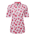 The FootJoy Women's 1/4 Zip Short Sleeve Floral Shirt features a collared design, zip neckline, and a white base with pink and red floral patterns—making it a stylish choice for golfers.