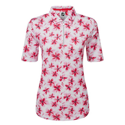 The FootJoy Women's 1/4 Zip Short Sleeve Floral Shirt features a collared design, zip neckline, and a white base with pink and red floral patterns—making it a stylish choice for golfers.