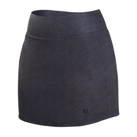 The FootJoy Women's Aerial Performance Knit Skort features a high-waisted design with a black animal print and performance stretch fabric, shown against a white background.