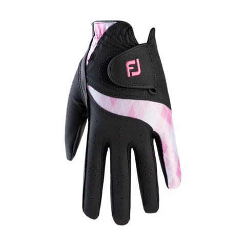 The FootJoy Women’s Attitudes Glove by FootJoy is a black women’s golf glove with pink and white diamond accents and an FJ logo on the Velcro strap, ideal for golf enthusiasts in New Zealand.
