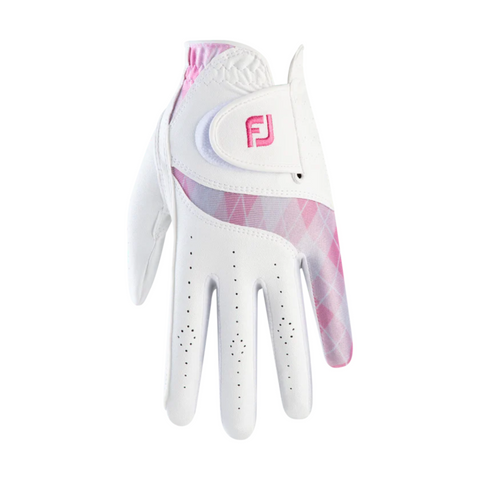 The FootJoy Women’s Attitudes Glove features a pink and purple argyle design, perforated fingers, and a Velcro strap with a pink FJ logo—ideal stylish comfort from FootJoy for women golfers in New Zealand.