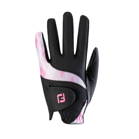 The FootJoy Women's Attitudes Golf Glove Pair in black/pink features a pink-and-white diamond pattern, pink FJ logo, and Velcro strap. Shown palm side away. Perfect for stylish women golfers.