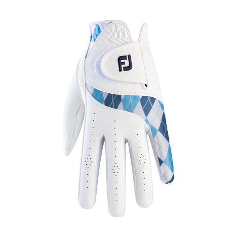 The FootJoy Women's Attitudes Golf Glove Pair in White/Blue features a blue and gray diamond pattern, perforated fingers, soft microfibre material, and a Velcro strap with the FootJoy logo for stylish comfort on the course.