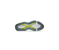 The image shows the outsole of the FootJoy Women's BOA Pro SLX Golf Shoes in Grey/White, featuring tour-level grip with translucent rubber, green and yellow accents, an X-shaped support structure, and black traction at heel and toe.