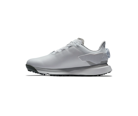 The FootJoy Women's BOA Pro SLX Golf Shoes in grey/white feature a low profile, subtle stitching, geometric side accents, dark gray sole, tour-level grip, and a minimalistic design for top performance on the course.