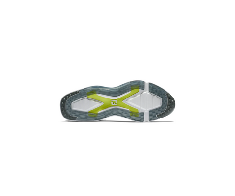 The image shows the outsole of the FootJoy Women's BOA Pro SLX Golf Shoes in Grey/White, featuring tour-level grip with translucent rubber, green and yellow accents, an X-shaped support structure, and black traction at heel and toe.