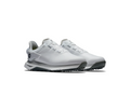 The FootJoy Women's BOA Pro SLX Golf Shoes in Grey/White feature gray soles and tour-level grip for superior performance, displayed on a plain white background.