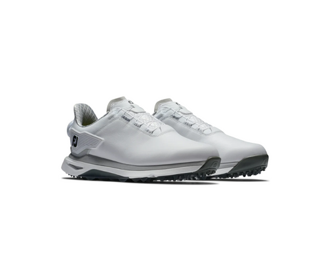 The FootJoy Women's BOA Pro SLX Golf Shoes in Grey/White feature gray soles and tour-level grip for superior performance, displayed on a plain white background.