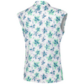Back view of a sleeveless FootJoy golf shirt with a colorful floral pattern, featuring blue and green flowers on a white background. FootJoy logo displayed near upper back below the collar. Stylish and breathable design for golf.