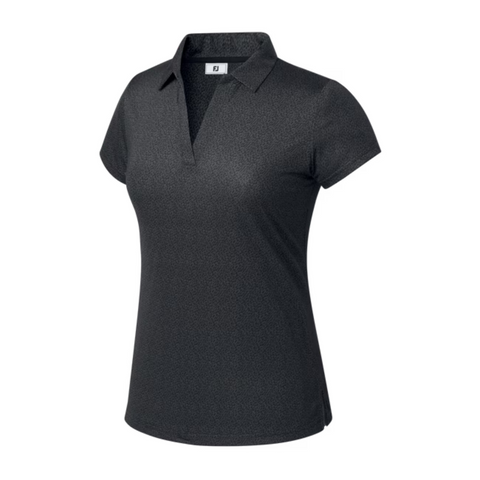 The FootJoy Women's Cap Sleeve Print Shirt in black animal print features moisture-wicking, lightweight fabric and a fitted look, keeping you cool and comfortable on the course. Displayed on a plain white background.