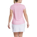A woman with a low ponytail, facing away, wears the FootJoy Women’s Cap Sleeve Print Shirt in Pink Lemonade and a white skirt against a plain white background.