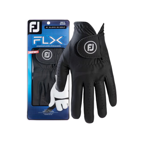 A FootJoy Women's FLX Glove for the right hand in black is shown beside its blue and white packaging, which has a clear window displaying the glove and features the FootJoy logo on the wrist.