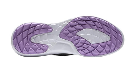 The image shows the sole of the FootJoy Women's Flex Golf Shoes in grey (US 8, US 9), featuring a white base with purple, diamond-patterned tread on the forefoot and heel for excellent grip and comfort on the course.