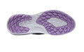 The image displays the sole of the FootJoy Women's Flex Golf Shoes in grey, featuring a white base with diamond-patterned purple rubber zones on the heel and forefoot for enhanced grip and stylish detail.