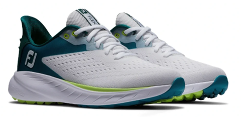 The FootJoy Women's Flex XP Golf Shoes in White/Teal/Lime feature a mesh upper, cushioned sole, white laces, modern sporty design, and FJ logo. These lightweight shoes offer comfort and style on the course.