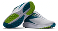 FootJoy Women's Flex XP Golf Shoes in white with teal and lime accents feature textured soles for grip. One shoe is on its side while the other stands upright, displaying both the top and bottom views. Brand: FootJoy.