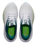 Top view of FootJoy Women's Flex XP Golf Shoes in White/Teal/Lime, featuring breathable perforated mesh uppers and green insoles with "FLEX ENGINEERED FOR" printed in white and gray.
