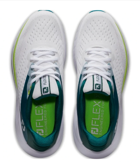 Top view of FootJoy Women's Flex XP Golf Shoes in White/Teal/Lime, featuring breathable perforated mesh uppers and green insoles with "FLEX ENGINEERED FOR" printed in white and gray.
