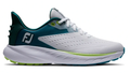 The FootJoy Women's Flex XP Golf Shoes in White/Teal/Lime feature a dark green heel, white laces, lime green accents, a thick white sole, and the FJ logo—offering lightweight comfort and style on the course.