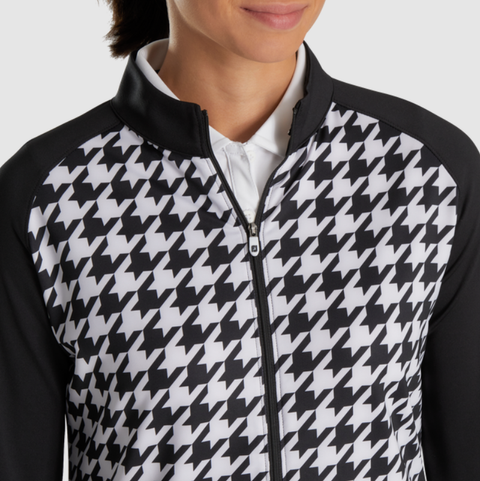 FootJoy Womens Full Zip Houndstooth Mid Layer Jacket Black/White