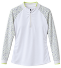 FootJoy women's white quarter-zip long sleeve golf top with granite-print sleeves and lime trim, isolated with background removed